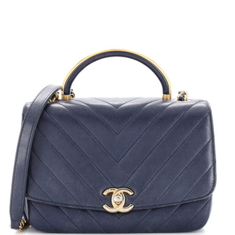 Chanel CC Metal Top Handle Flap Bag Chevron Lambskin Small Blue