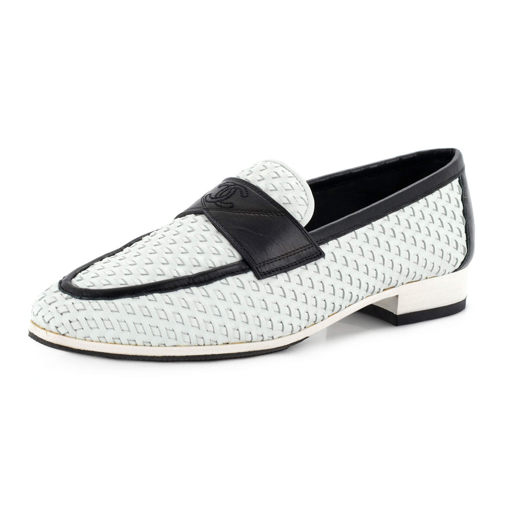 Chanel Women's CC Slip-On Loafers Woven Leather Black 218090183