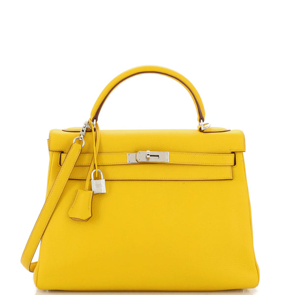 Hermes Kelly Handbag Jaune Clemence with Palladium Hardware 32 Yellow