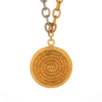 Chanel Vintage Two-Tone Round Medallion Pendant Necklace Metal XL