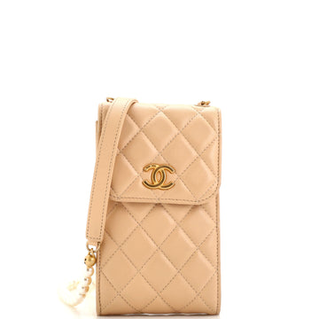 Chanel Pearl Strap Phone Holder Crossbody Bag Quilted Lambskin