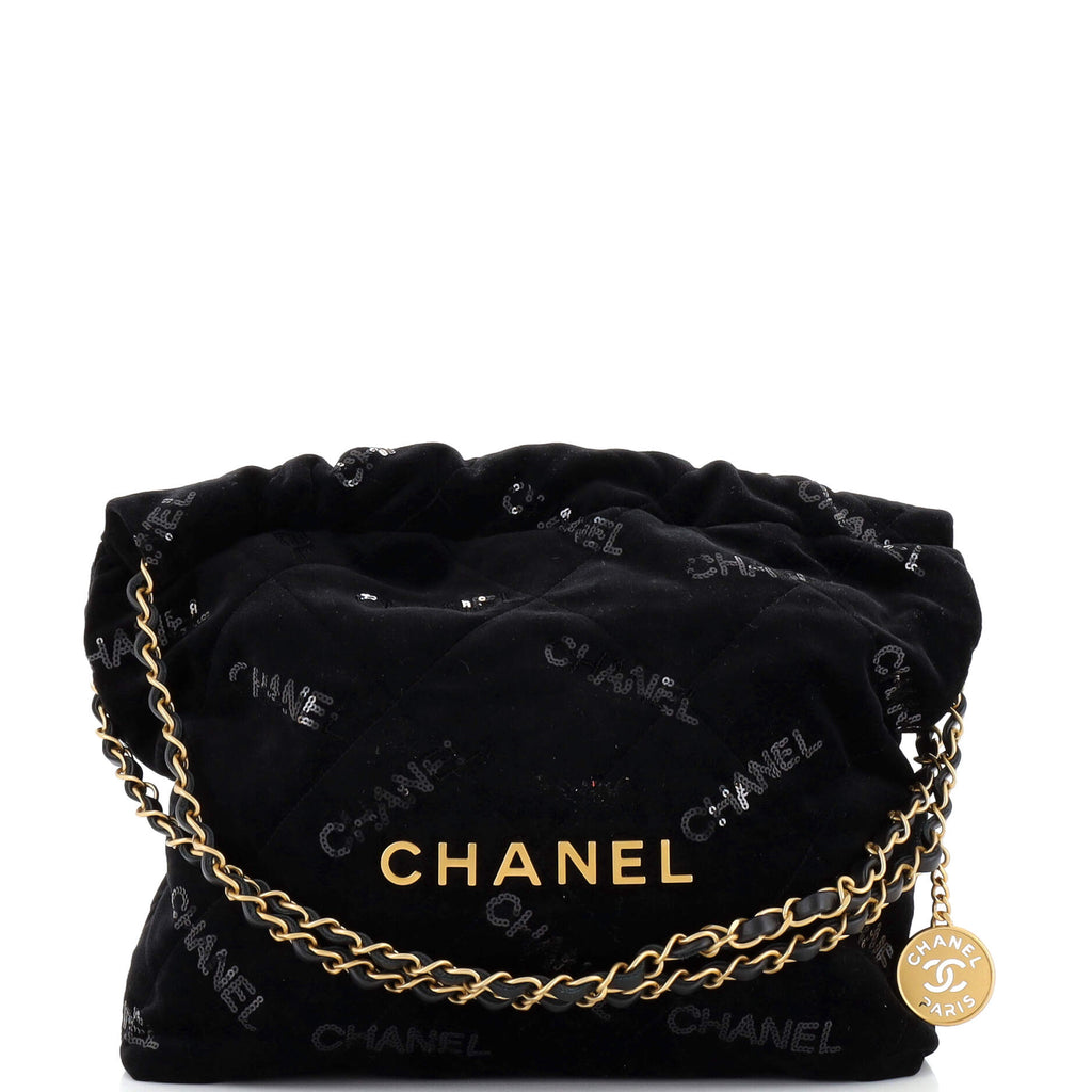 Chanel 22 Chain Hobo Quilted Velvet with Sequins Small Black 2180332