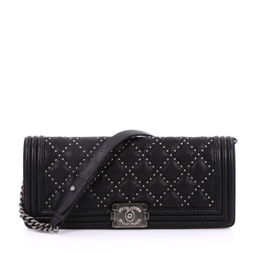 Chanel Boy Clutch Shoulder Bag Quilted Studded Distressed Calfskin Medium Black
