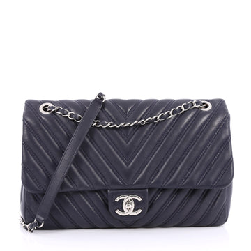 Chanel Double Stitch Flap Bag Chevron Lambskin Jumbo Blue