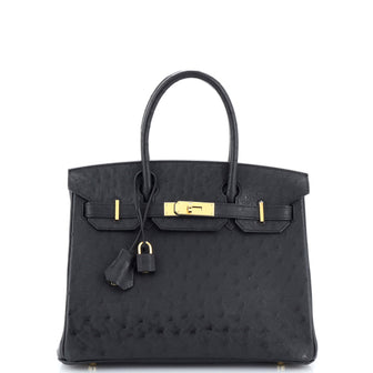 Hermes Birkin Handbag Black Ostrich with Gold Hardware 30
