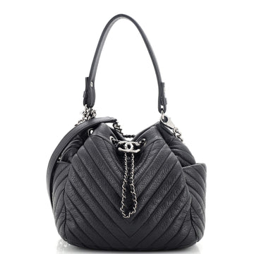 Chanel CC Chain Drawstring Bucket Bag Chevron Sheepskin Small