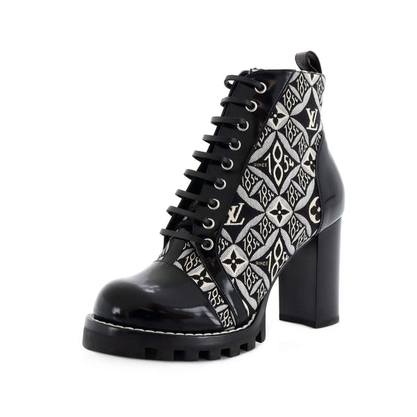 Shop Louis Vuitton Monogram Leather Logo High Heel Boots by
