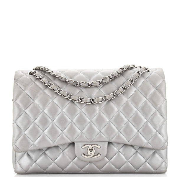 Chanel Classic Double Flap Bag Quilted Lambskin Maxi Silver 2189341