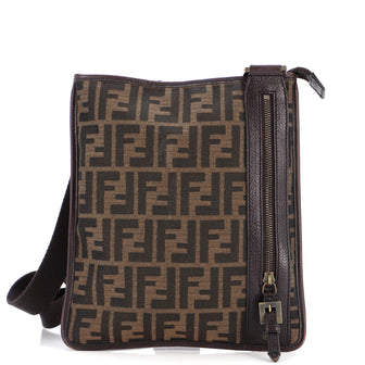 Fendi Vintage Front Zip Flat Messenger Bag Zucca Canvas Small