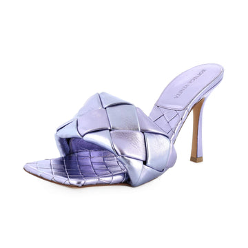 Bottega Veneta Women's Lido Heeled Sandals Maxi Intrecciato Metallic Leather