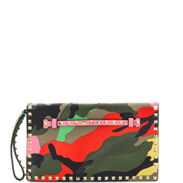 Valentino Garavani Rockstud Flap Clutch Camo Leather and Canvas
