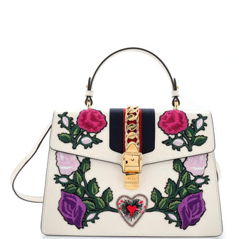 Gucci Sylvie Top Handle Bag Embroidered Leather Medium