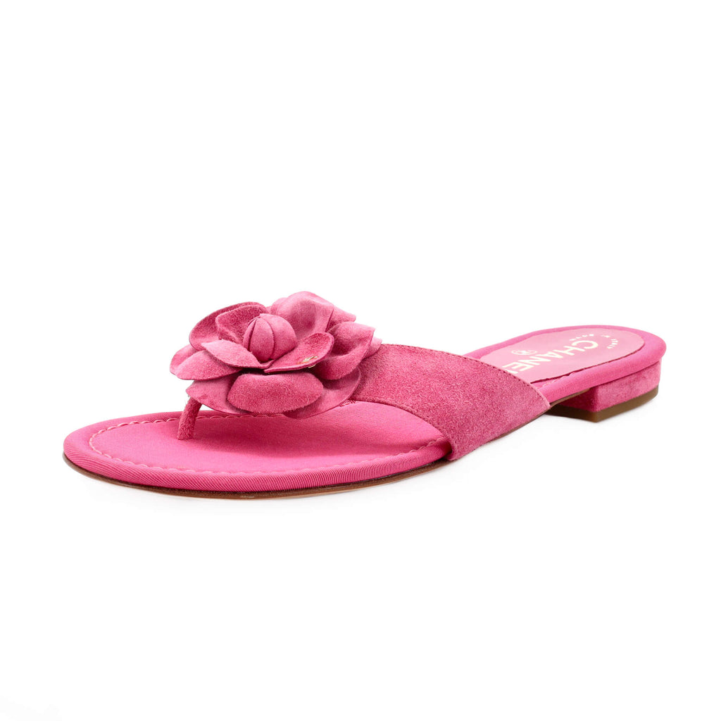 Chanel Women's Camellia Thong Slide Sandals Suede Pink 21914310
