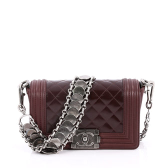 Chanel Medallion Boy Flap Bag Quilted Glazed Calfskin with Leather Small Red