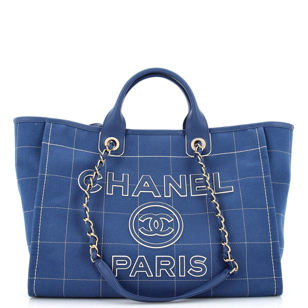 Chanel Deauville NM Tote Square Stitched Canvas Medium Blue 2194721