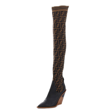 Fendi Women's Cutwalk Over the Knee Sock Boots Zucca Knit Stretch Fabric and Leather