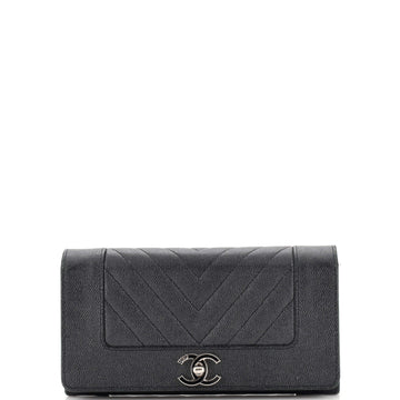 Chanel Mademoiselle Vintage Flap Wallet Chevron Caviar Long