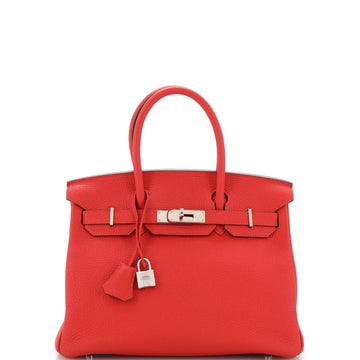 Hermes Birkin Handbag Red Clemence with Palladium Hardware 30