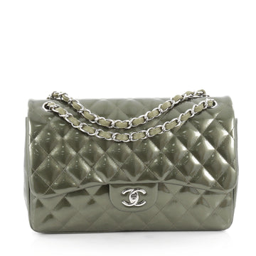 Chanel Classic Double Flap Bag Quilted Striped Metallic Patent Jumbo Green