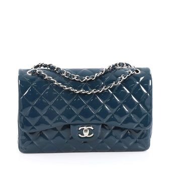 Chanel Classic Double Flap Bag Quilted Patent Jumbo Blue