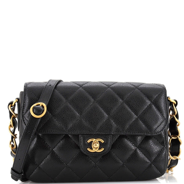 Chanel CC Adjustable Strap Flap Messenger Bag Quilted Caviar Small Black