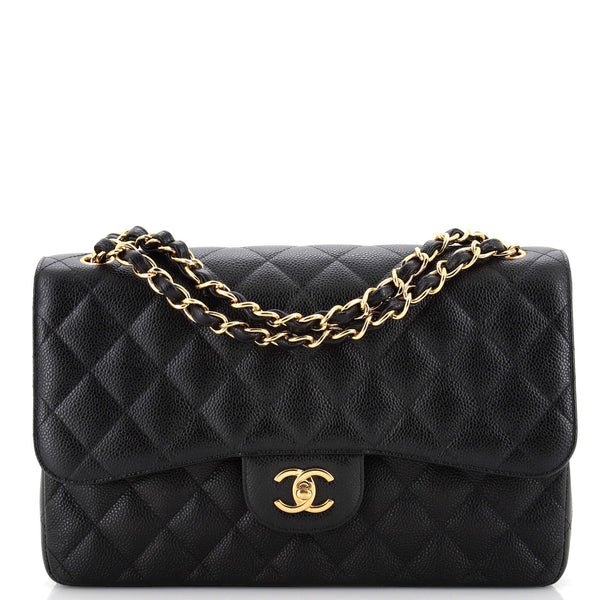 Chanel Black Quilted Caviar Jumbo Classic Double Flap Bag Gold Hardware