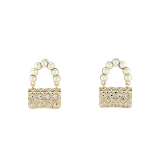 Chanel Flap Bag Stud Earrings Metal and Faux Pearls