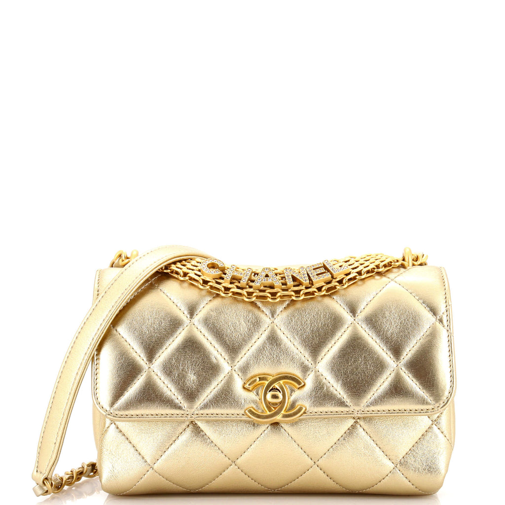 Chanel Crystal Logo Letters Chain Handle Flap Bag Quilted Lambskin Small  Gold 220202291