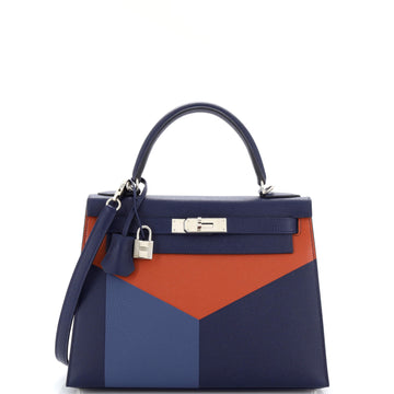 Hermes Kelly Lettre Handbag Blue Epsom with Palladium Hardware 28
