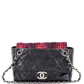 Chanel Portobello Chain Shoulder Bag Quilted Glazed Calfskin and Tweed Small  Black 220202464