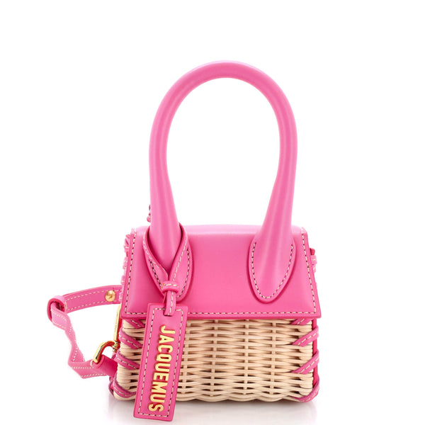 NEW Jacquemus Le Chiquito Osier Bag Raffia and Leather Mini Neutral, Pink