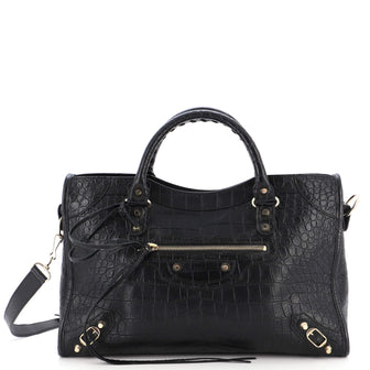 Balenciaga City Classic Studs Bag Crocodile Embossed Leather Medium