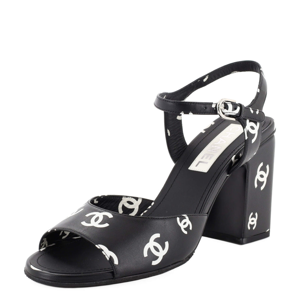 Chanel Women's Coco Beach Heeled Sandals Printed Leather Black 2204351