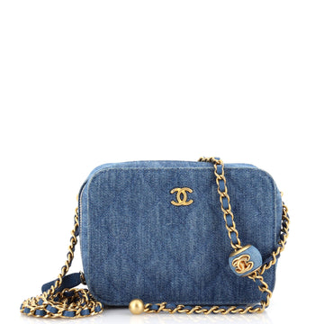 Chanel Pearl Crush Zip Around Vanity Case with Chain Quilted Denim Mini