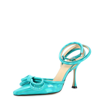 Mach & Mach Women's Double Bow Ankle Strap Pumps Iridescent Leather 100