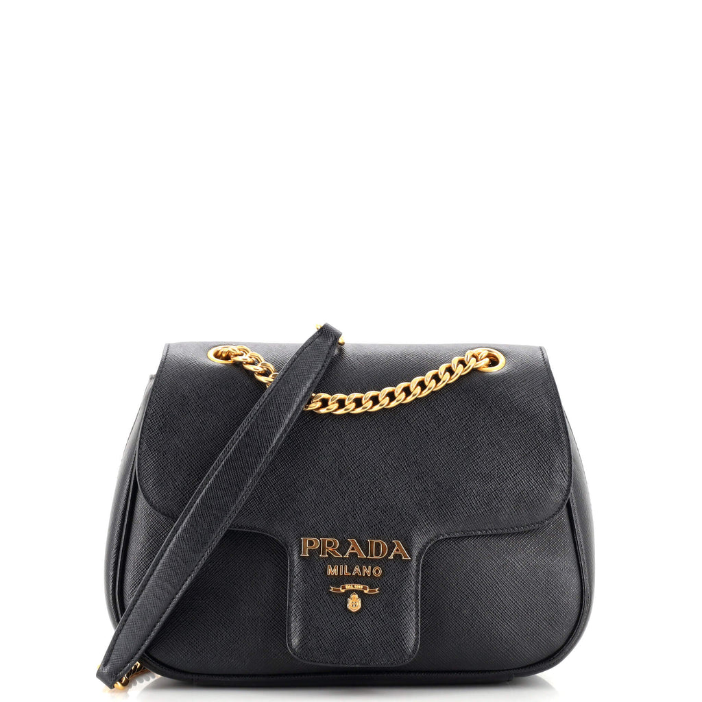 Prada Saddle Chain Flap Bag Saffiano Leather Small Black 6125542