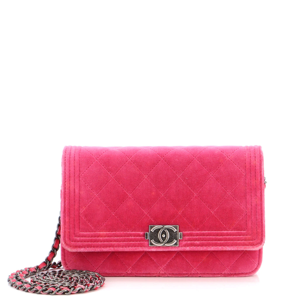 CHANEL CC Logo Quilted Velvet Messenger Wallet on Chain Hot Pink