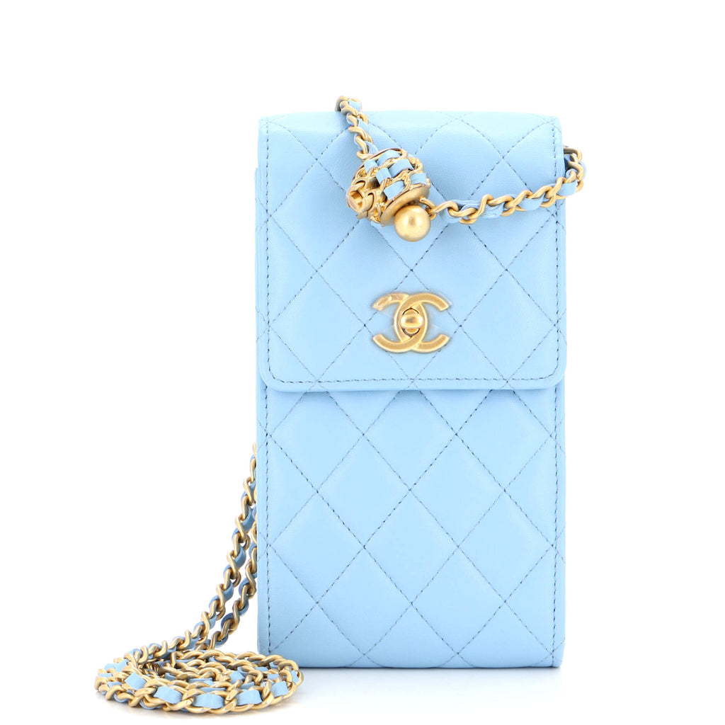 CHANEL Lambskin Quilted Pearl Crush Phone Holder With Chain White 698881