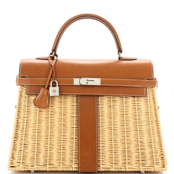 Hermes Picnic Kelly Handbag Brown Barenia and Wicker with Palladium Hardware 35