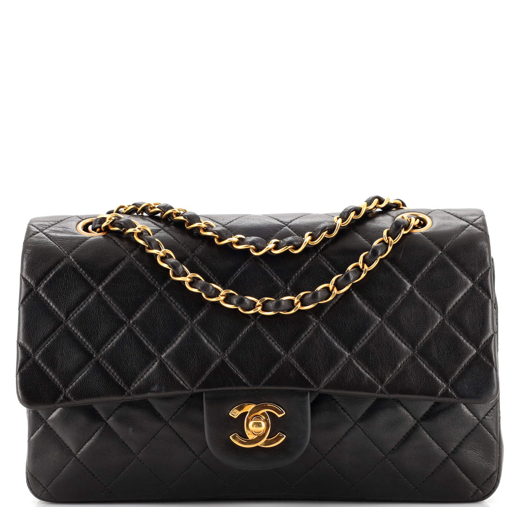 💯 Authentic FULL SET Chanel medium sized vintage black Classic double Flap  Bag in lambskin / flat quilted lambskin design from earlier series 24k gold  ghw , Luxury, Bags & Wallets on Carousell