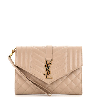 Saint Laurent Classic Monogram Envelope Wristlet Clutch Mixed Matelasse Leather