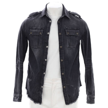 Balmain Men's Button Up Collared Shirt Distressed Denim