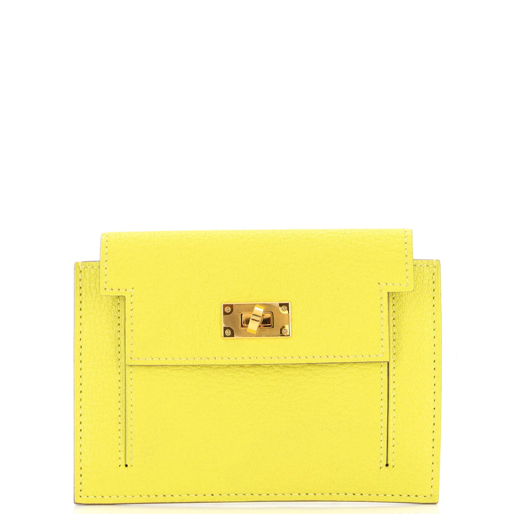 Hermès Kelly Pocket Compact In Lime Chèvre Mysore With Palladium Hardware  in Yellow
