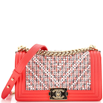 Chanel Boy Flap Bag Chevron Embellished Tweed Old Medium