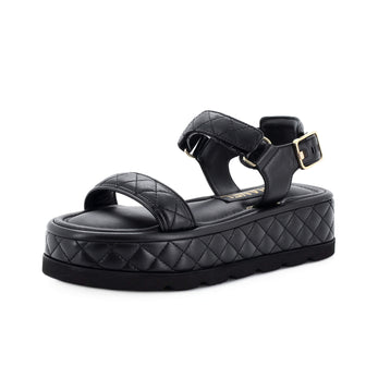 Chanel Women's Logo Velcro Strap Wedge Sandals Quilted Leather