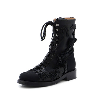 Chanel Women's Camellia CC Cap Toe Combat Boots Embellished Leather with Fabric
