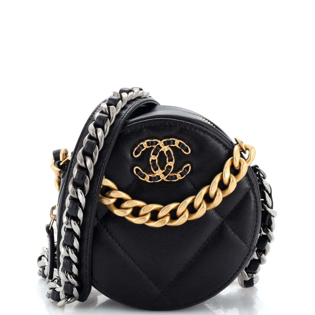 Chanel 19 Round Clutch with Chain Quilted Leather Black 22107017