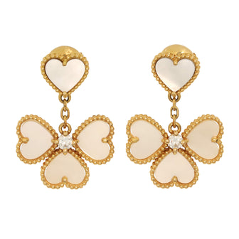 Van Cleef & Arpels Sweet Alhambra Effeuillage Heart Earrings 18K Yellow Gold with Mother of Pearl and Diamonds