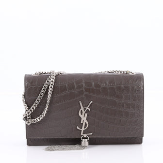 Saint Laurent Classic Monogram Tassel Crossbody Bag Crocodile Embossed Leather Medium Gray