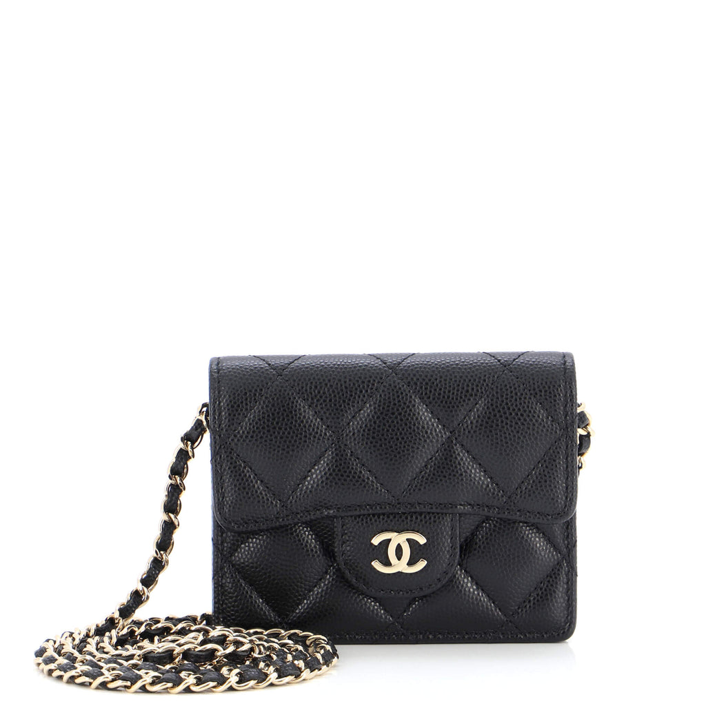 Chanel Caviar Quilted Flap Card Holder Chain Wristlet Black